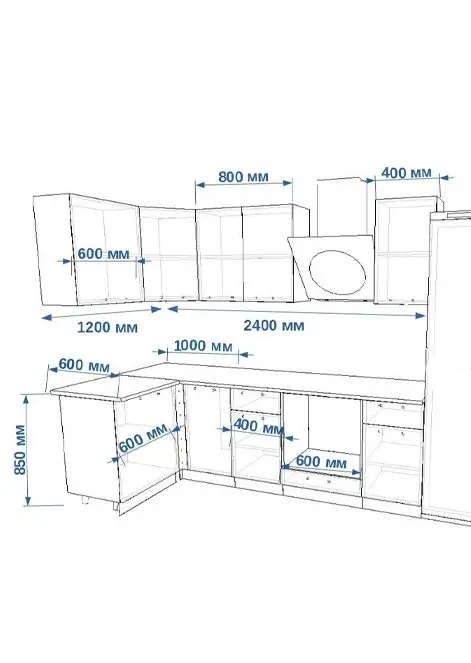 Кухонный гарнитур «Кухонный гарнитур «Океания Кристалл 1200*2400 мм_угловая 2»»