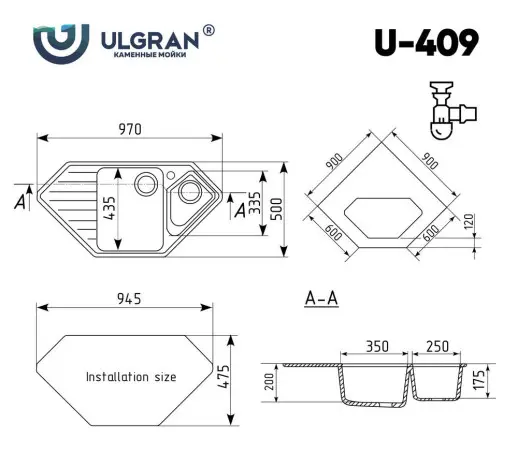 Кухонная мойка ULGRAN U-409 угловая двухсекционная с отверстием под смеситель