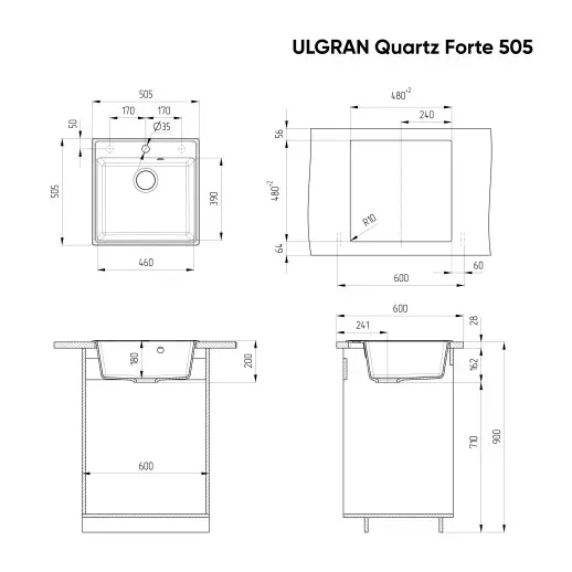 Кухонная мойка ULGRAN Quartz Forte 505 квадратная