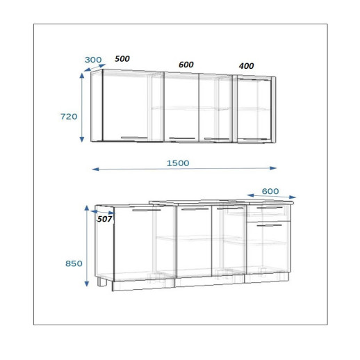 Кухонный гарнитур «Кухонный гарнитур «РоялВуд Голубой Прованс - 2 (1500 мм)»»